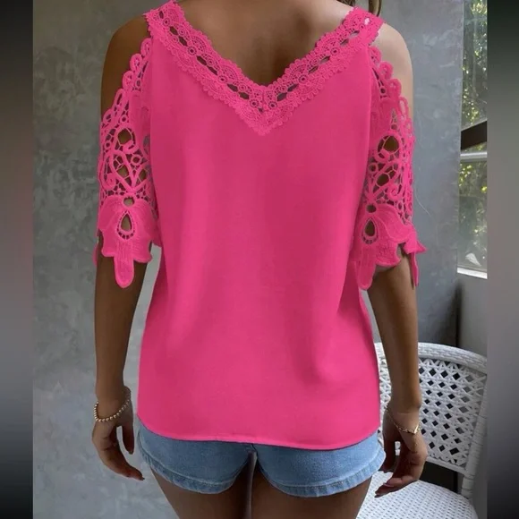 Boho Floral Lace Cold Shoulder Blouse - Picture 8 of 9